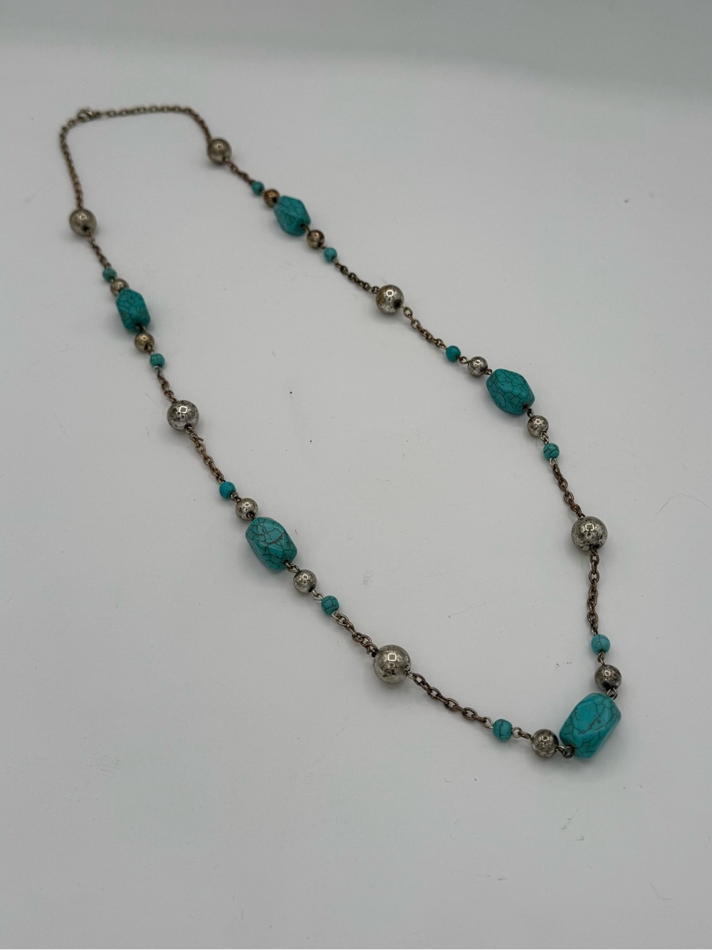 Southwestern Turquoise Howlite and Silver Bead Station Necklace - Picture 3 of 3